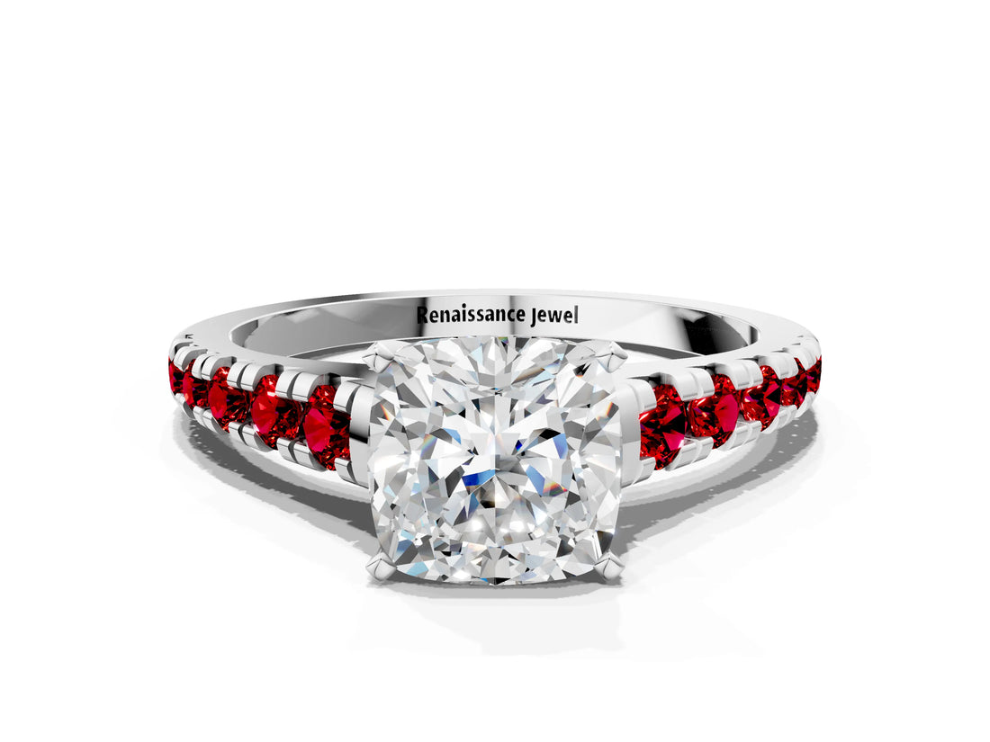 White gold Cushion Cut Diamond Cathedral Solitaire Ring with Round with Ruby side stone Pavé Band_60
