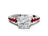 White gold Cushion Cut Diamond Cathedral Solitaire Ring with Round with Ruby side stone Pavé Band_60