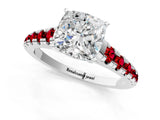 White gold Cushion Cut Diamond Cathedral Solitaire Ring with Round with Ruby side stone Pavé Band_61