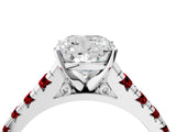 White gold Cushion Cut Diamond Cathedral Solitaire Ring with Round with Ruby side stone Pavé Band_64