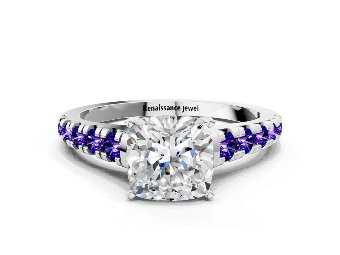 White gold Cushion Cut Diamond Cathedral Solitaire Ring with Round with Tanzanite side stone Pavé Band