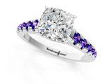 White gold Cushion Cut Diamond Cathedral Solitaire Ring with Round with Tanzanite side stone Pavé Band_1