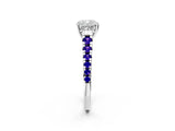 White gold Cushion Cut Diamond Cathedral Solitaire Ring with Round with Tanzanite side stone Pavé Band_2