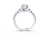 White gold Cushion Cut Diamond Cathedral Solitaire Ring with Round with Tanzanite side stone Pavé Band_3