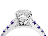 White gold Cushion Cut Diamond Cathedral Solitaire Ring with Round with Tanzanite side stone Pavé Band_4