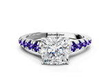 White gold Cushion Cut Diamond Cathedral Solitaire Ring with Round with Tanzanite side stone Pavé Band