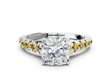 White gold Cushion Cut Diamond Cathedral Solitaire Ring with Round with Yellow Sapphire side stone Pavé Band_24