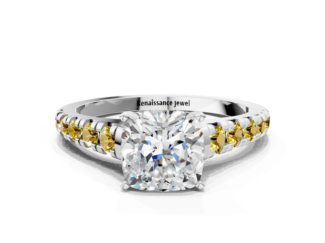 White gold Cushion Cut Diamond Cathedral Solitaire Ring with Round with Yellow Sapphire side stone Pavé Band_30
