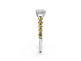 White gold Cushion Cut Diamond Cathedral Solitaire Ring with Round with Yellow Sapphire side stone Pavé Band_32