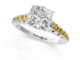 White gold Cushion Cut Diamond Cathedral Solitaire Ring with Round with Yellow Sapphire side stone Pavé Band_37