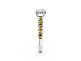 White gold Cushion Cut Diamond Cathedral Solitaire Ring with Round with Yellow Sapphire side stone Pavé Band_38