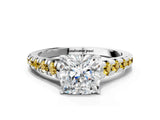 White gold Cushion Cut Diamond Cathedral Solitaire Ring with Round with Yellow Sapphire side stone Pavé Band_42