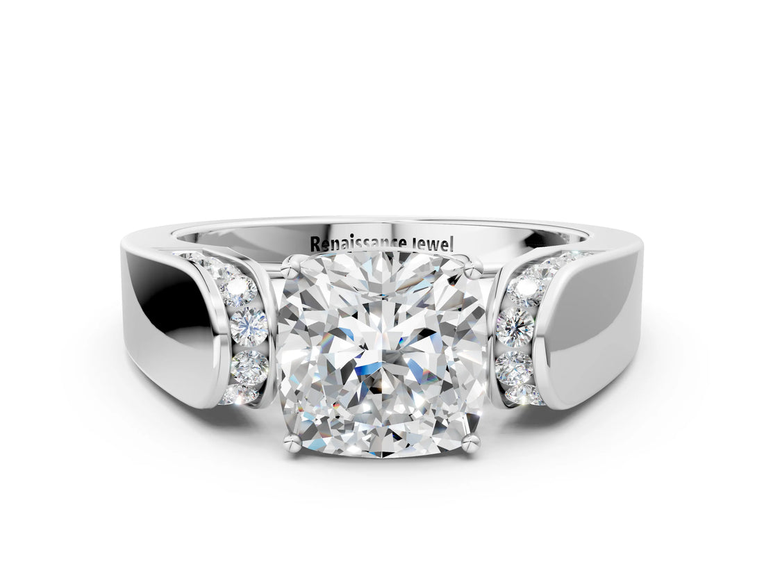 White gold Cushion Cut Diamond Channel Set Solitaire Ring with Four-Prong Setting_53