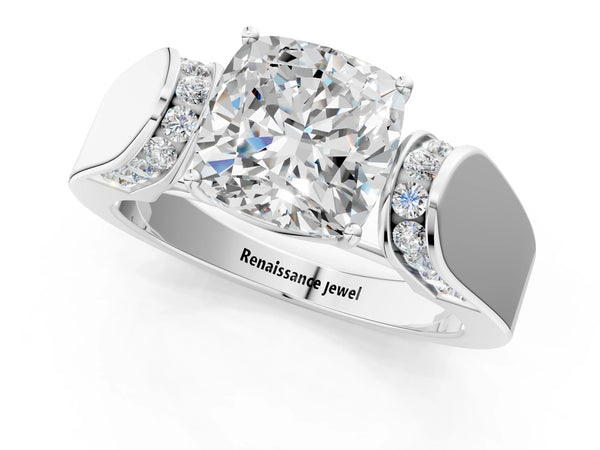 White Gold Cushion Cut Channel Set Engagement Ring Setting with Accented Shoulders on Wide Band