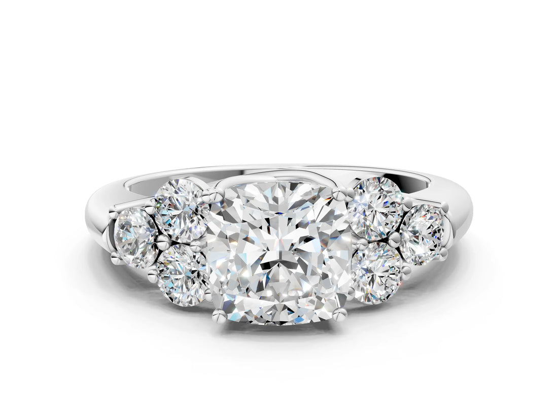 White gold Cushion Cut Diamond Cluster Ring with Round Accent Stones and Prong Setting on a Classic Band_76
