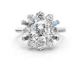 White gold Cushion Cut Diamond Cluster Ring with Round and Baguette Stones, Split Shank Band, Prong Setting_112
