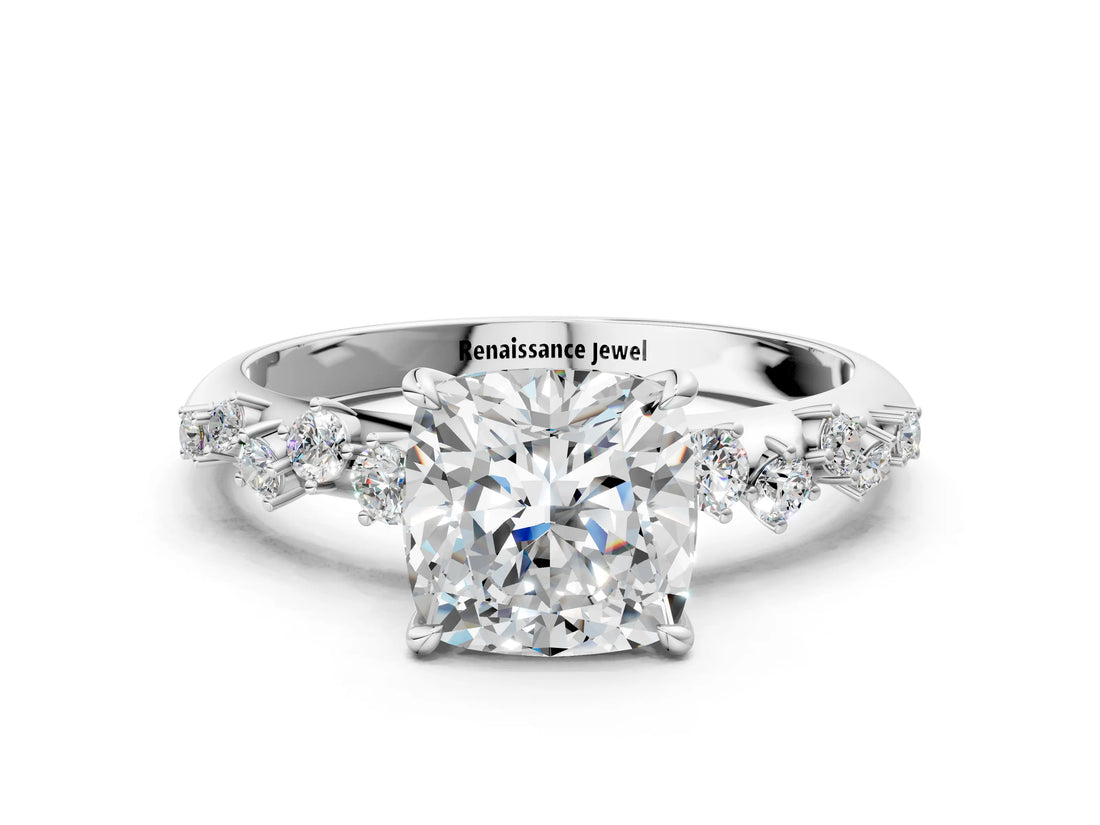 White gold Cushion Cut Diamond Cluster Side Stone Solitaire Ring with Prong Setting_80