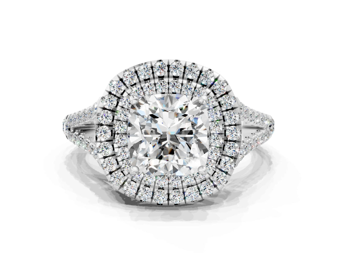 White gold Cushion Cut Diamond Double Halo Ring with Pavé Band and Prong Setting_204