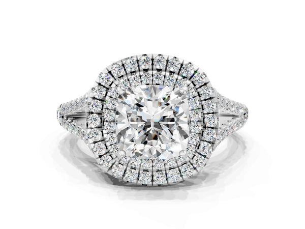 White gold Cushion Cut Diamond Double Halo Ring with Pavé Band and Prong Setting