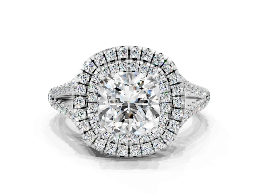 White gold Cushion Cut Diamond Double Halo Ring with Pavé Band and Prong Setting