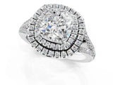 White gold Cushion Cut Diamond Double Halo Ring with Pavé Band and Prong Setting_222