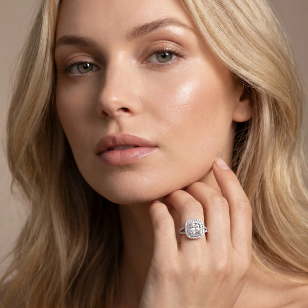 White gold Cushion Cut Diamond Double Halo Ring with Pavé Band and Prong Setting