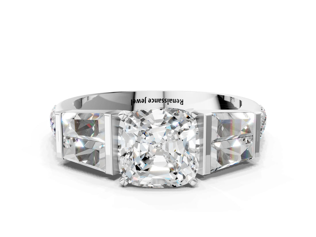 White gold Cushion Cut Diamond Engagement Ring with Baguette Side Stones and Channel Set Band_40