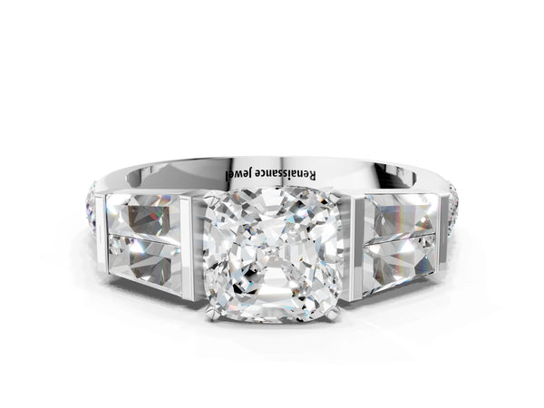 Platinum Cushion Cut Engagement Ring Setting with Channel Set Baguettes and Accented Band