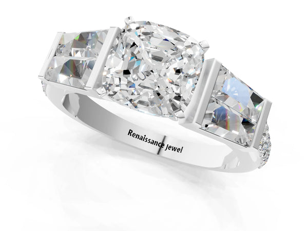 Platinum Cushion Cut Engagement Ring Setting with Channel Set Baguettes and Accented Band