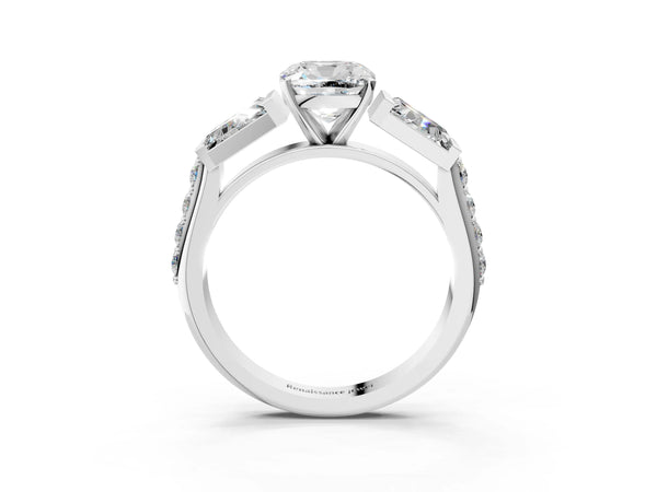 Platinum Cushion Cut Engagement Ring Setting with Channel Set Baguettes and Accented Band