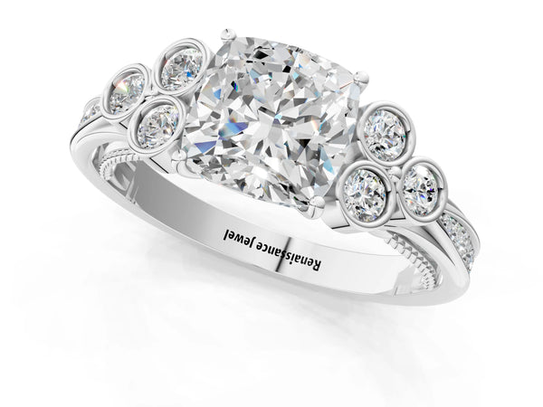 Platinum Cushion Cut Vintage Engagement Ring Setting with Bezel-Set Shoulder Clusters and Milgrain