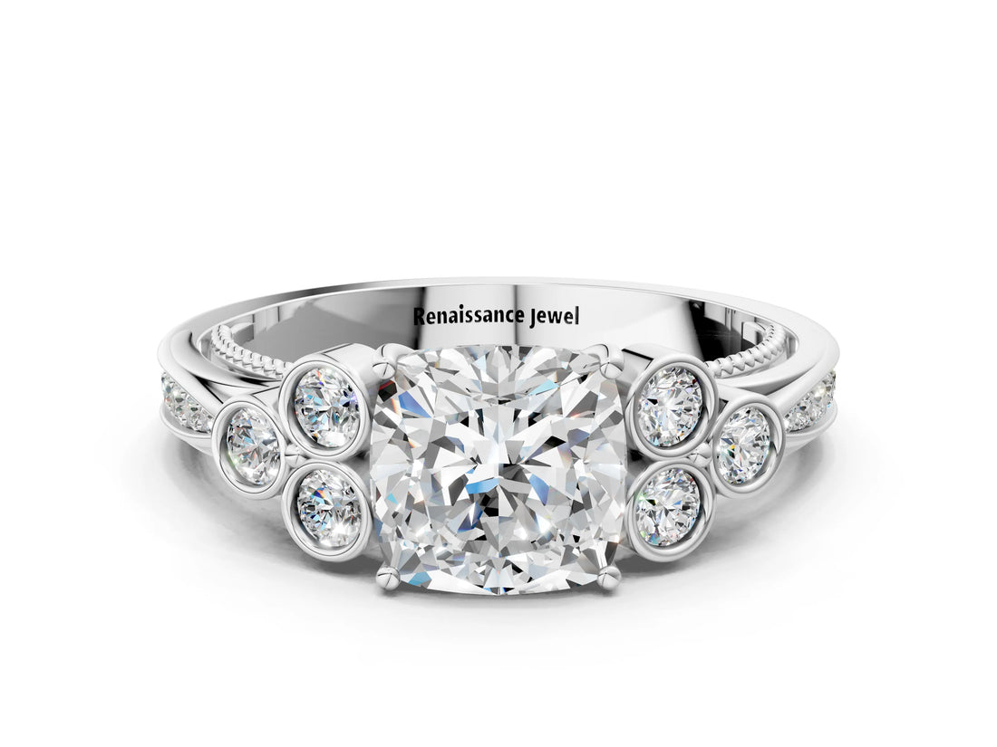 White gold Cushion Cut Diamond Engagement Ring with Bezel Set Round Side Stones and Prong Setting_73