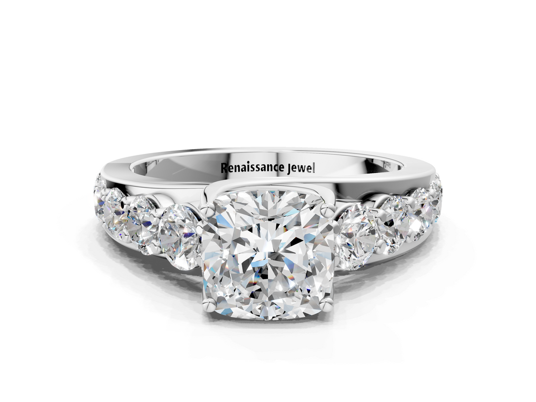 14K White Gold 2.50 Carat E VS1 Cushion Diamond Engagement Ring with Pavé Band and Four-Prong Setting