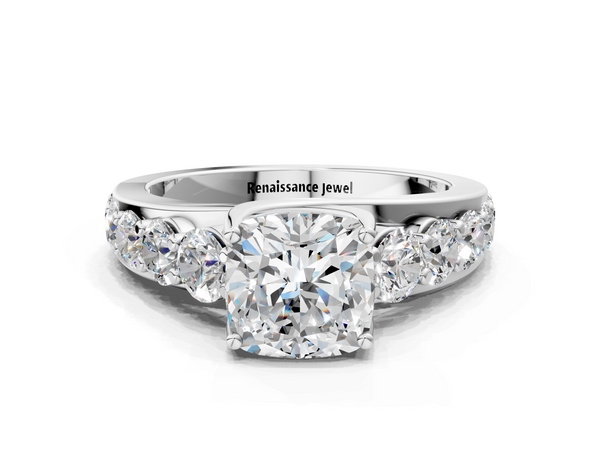 10K White Gold 2.01 Carat E VS1 Cushion Diamond Engagement Ring with Pavé Band and Four-Prong Setting