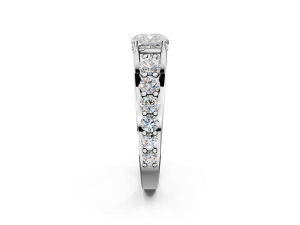 10K White Gold 2.01 Carat E VS1 Cushion Diamond Engagement Ring with Pavé Band and Four-Prong Setting
