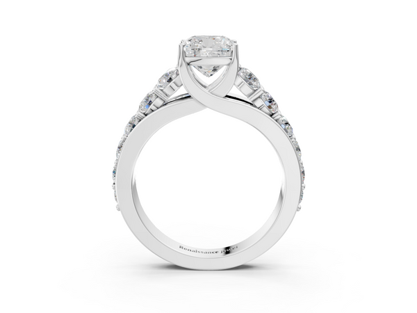 10K White Gold 2.01 Carat E VS1 Cushion Diamond Engagement Ring with Pavé Band and Four-Prong Setting