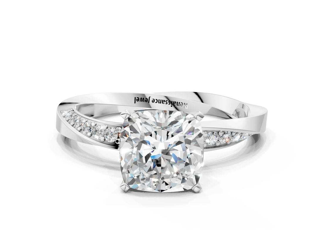 White gold Cushion Cut Diamond Engagement Ring with Side Stone Accents and Four-Prong Setting_97