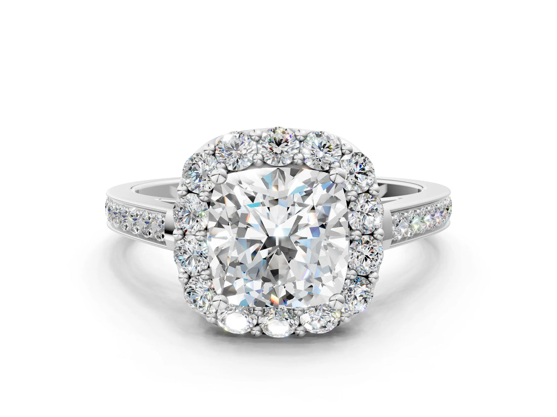 White gold Cushion Cut Diamond Floral Halo Ring with Pavé Band and Prong Setting_10