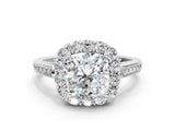White gold Cushion Cut Diamond Floral Halo Ring with Pavé Band and Prong Setting_10
