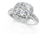 White gold Cushion Cut Diamond Floral Halo Ring with Pavé Band and Prong Setting_11