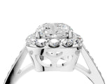 White gold Cushion Cut Diamond Floral Halo Ring with Pavé Band and Prong Setting_14