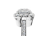 White gold Cushion Cut Diamond Floral Halo Ring with Pavé Band and Prong Setting_15