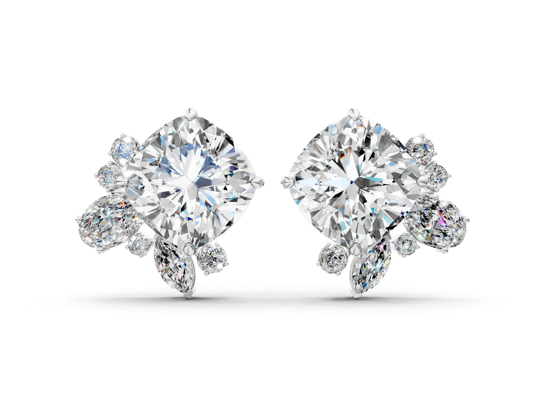 White gold Cushion Cut Diamond Floral Stud Earrings with Multi-Shape Accents_14