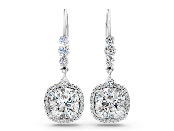 White gold Cushion Diamond Drop Earrings with Trillion Diamond Accents and Round Diamond Halo
