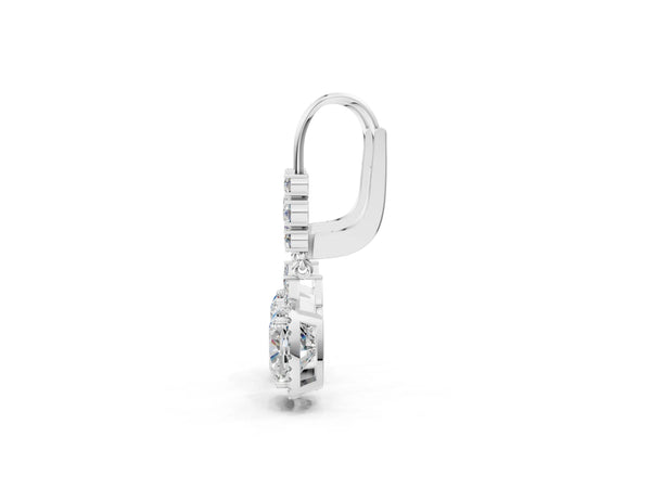 Platinum Cushion Diamond Drop Earrings with Trillion Diamond Accents and Round Diamond Halo
