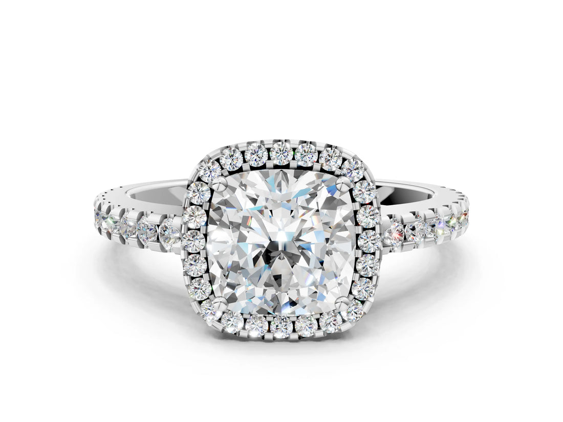 White gold Cushion Cut Diamond Halo Engagement Ring with Pavé Band and Prong Setting_27