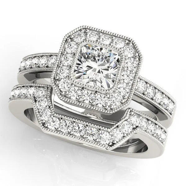 White gold Cushion-Cut Diamond Halo Engagement Ring with Pave Band and Prong Setting