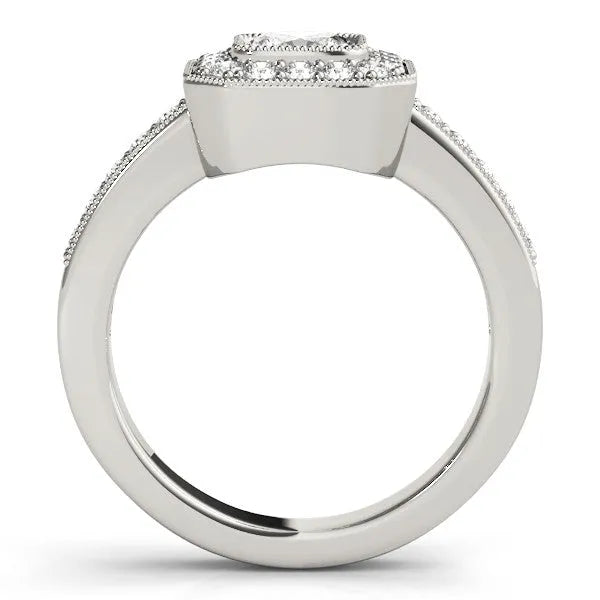White gold Cushion-Cut Diamond Halo Engagement Ring with Pave Band and Prong Setting