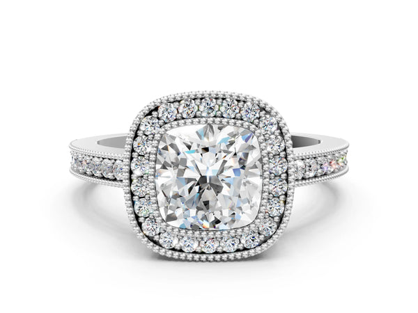 White gold Cushion-Cut Diamond Halo Engagement Ring with Pave Band and Prong Setting