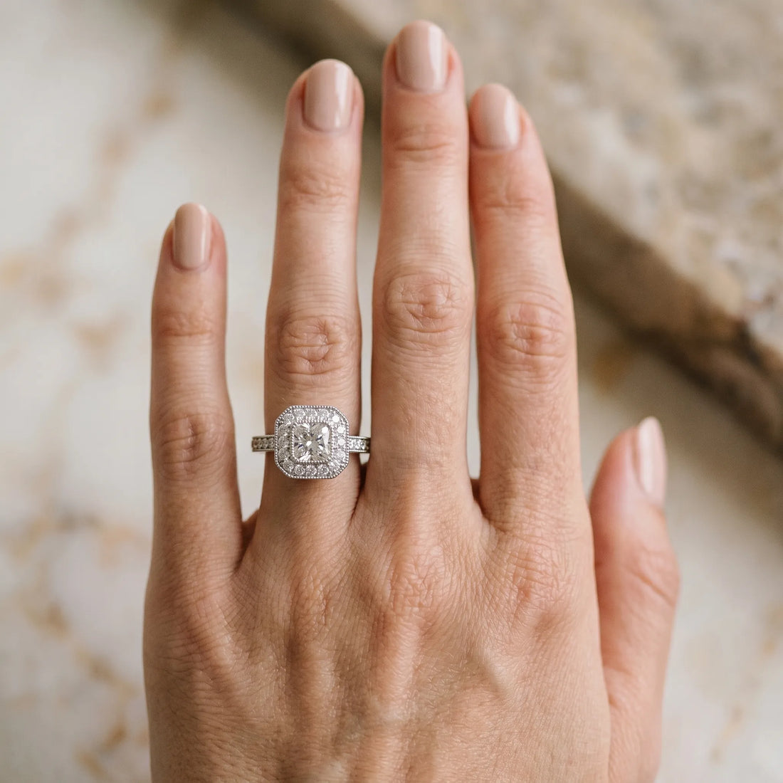 White gold Cushion-Cut Diamond Halo Engagement Ring with Pave Band and Prong Setting_24